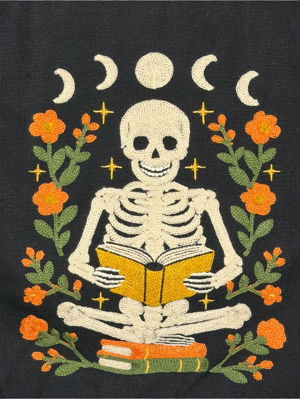 Black Skeleton Reading Embroidered Canvas Tote Bag Book Flowers Moon Reading - Picture 2 of 5